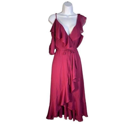 Yumi Kim Womens Cold Shoulder Ruffled Wrap Dress‎ Burgundy Swing Size Small - Picture 2 of 7